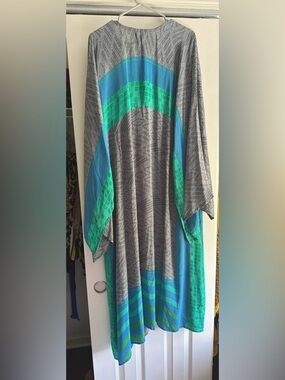 Kantha Bae New Moon Maxi-Gray Maxi Dress with Teal & Blue Accents